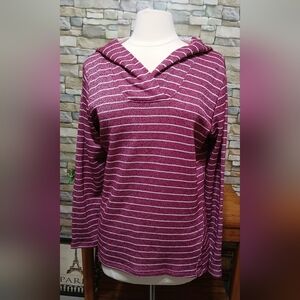 Womens Large Burgundy White Sparkle Metallic Knit Terry Pullover Hoodie